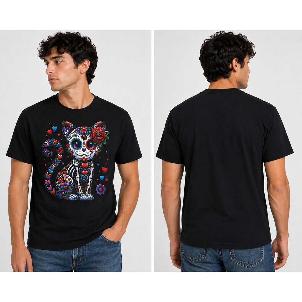 Sugar Skull Cat T-Shirt Mens Medium Black Day of the Dead Dia de los Muertos Tee